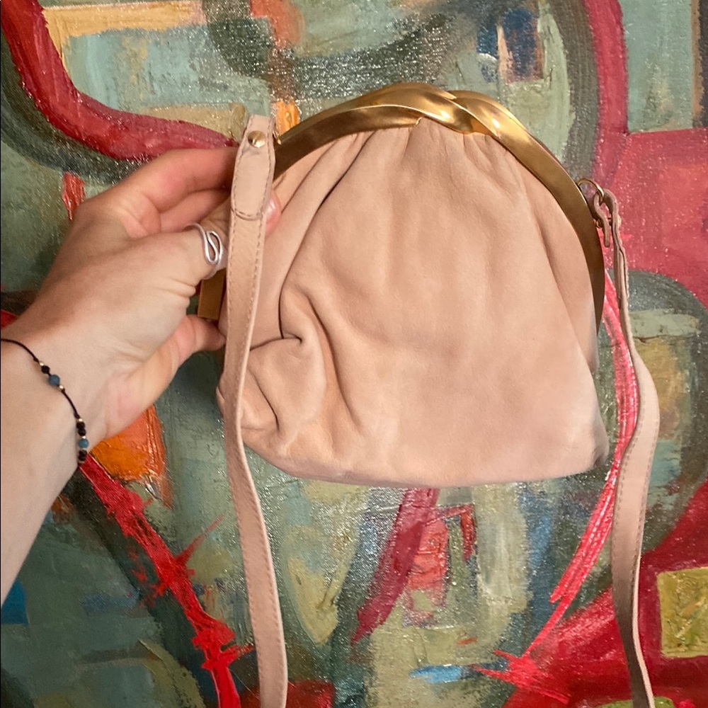 Vintage Donna Karan New York Italy suede tan crossbody round clasp closure bag